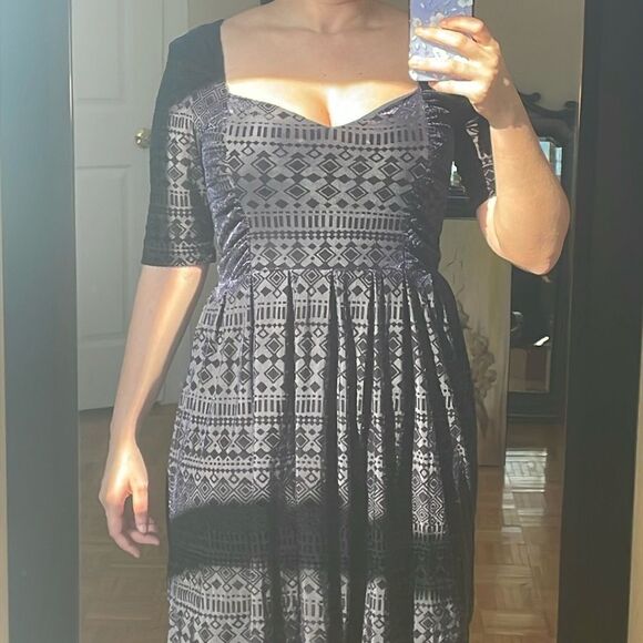 Anthropologie Meadow rue navy blue diamond abstract velvet cocktail party dress - Picture 5 of 17